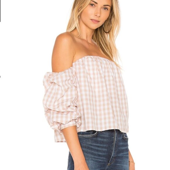 NWT L'Academie The Puff Sleeve blouse in taupe gingham size small - Picture 3 of 10